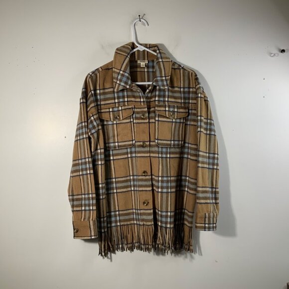 Womens Ana Plaid Fleece Wool Blend Shacket Fringe Hem Brown Black S - Picture 1 of 5